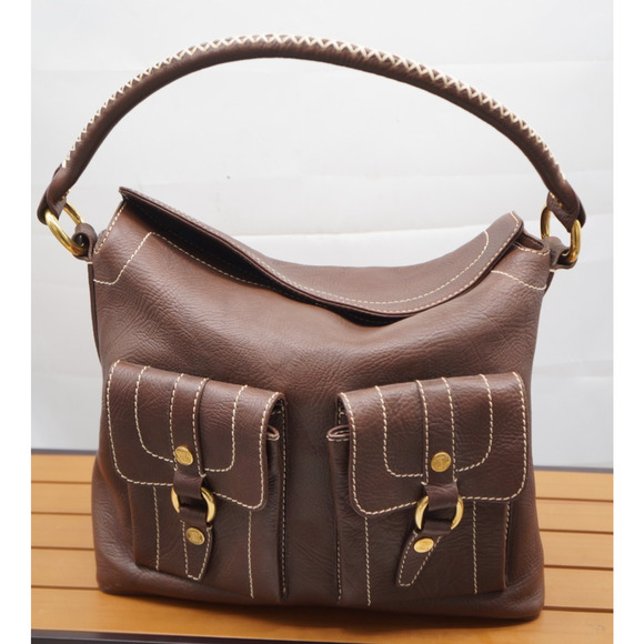 CELINE Vintage Shoulder Bag Brown Leather Gold Triomphe Fold over Handbag - Picture 2 of 13